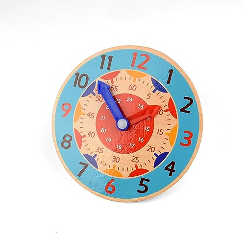 Kikuo 14CM Lernuhr Grundschule, Lautlos Bunte Lernuhr mit Stunden-und Minutenzeiger Lernspielzeug, Lernuhr Kinder Holz für Haus, Spielzimmer und Klassenzimmer (Blau)