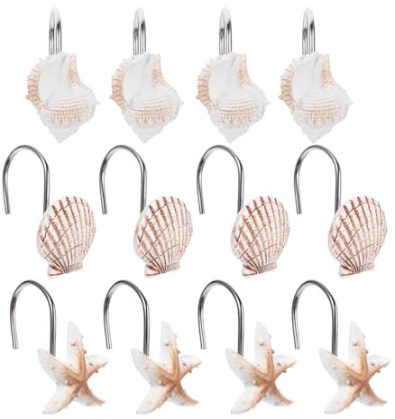 PRETYZOOM 12 Pack Seashell Shower Curtain Anti-Rust Hooks, Nautical Sturdy Resin Beach Rings for Bathroom Shower, Living Room, Bedroom Accessories