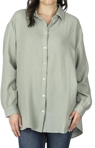 DENIMFY DFMathilda - Blusa de muselina para mujer, corte extragrande, camiseta de manga larga, camiseta básica, elegante con botones, monocolor, 100 % algodón, negro, blanco, azul, oliva, beige,