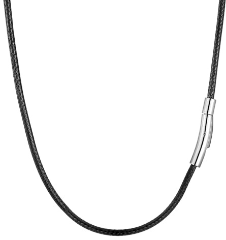 RWQIAN Mens Leather Necklace Cord Black 46cm with Stainless Steel Clasp,Waterproof Braided Rope Leather Chain 3mm Width for Men Women