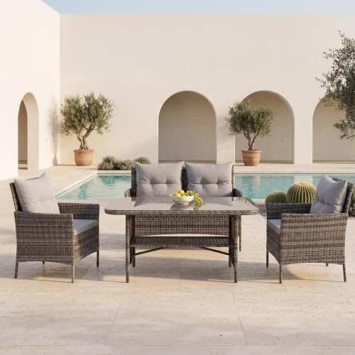 EVRE Brown Florence Garden Rattan Furniture Set 4 Piece Seat 1 Sofa 2 Chair Dining Outdoor Conservatory Wicker Weave Lounge Sofa and Glass Top Table with Cushions
