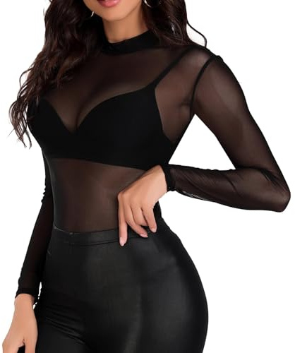 JSTHHTT Hauts Transparents Femmes Elastique T-Shirt à Manches Longues Top en Maille, Sexy Blouse Sheer Mesh Femme, Haut Femme Chic et Élégant, Noir Tulle de Moulante Clubwear Tops pour Soirée Club