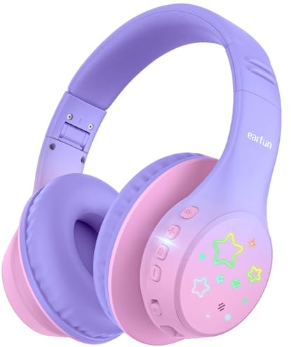 EarFun Trådlösa hörlurar för barn med LED-lampor, over-ear-hörlurar med säker volym 74/85/94 dBA med mikrofon, 90 timmars speltid, Hi-Fi-stereoljud, vikbar för surfplatta/resegåvor för flickor