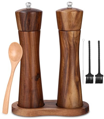 Set de 2 moulins à sel et poivre en bois, salière et poivrière avec soucoupe, moulin à poivre, réglable pour l'assaisonnement, poivre, sel 21.5 cm