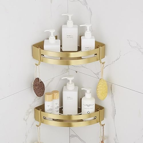 Étagère Douche Sans Perçage Etagere Angle Salle de Bain Tablette Salle de Bain Avec 4 Crochets Panier de Rangement Douche en Métal Antirouille Etagere Murale Adhésif(Or Sable Brillant,2 Niveaux)