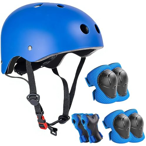NICEWAT Knäskydd, barnset med hjälm, knäskydd, barn, 7-i-1-set, barnhjälm 3–7 år, skateboard hjälm barn för skateboard, cykling, rullskridskoåkning (rosa)
