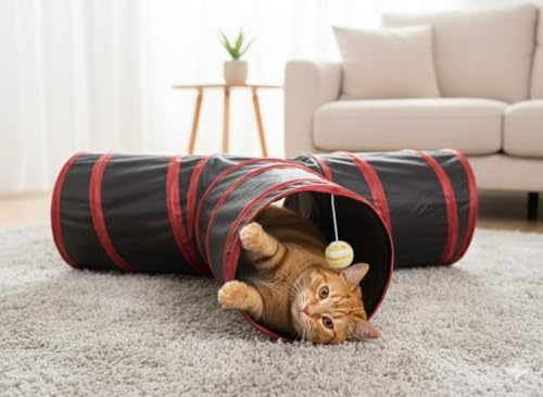 Pets Crew Cat Tunnel for Indoor Cats - 3-Way Collapsible Interactive Toy with Peek Hole & Dangling Ball - Durable Pop Up Play Tunnel for Kittens, Puppies, Rabbits & Small Pets - 25cm (Red & Black)