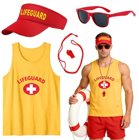 UxClishe 4 Pcs Lifeguard Costume Set, Life Guard Baywatch Fancy Dress Outfit with Vest Hat Sunglasses Whistle for Adults Pool Party Beach Guard Accessories Kit Festival Halloween Cosplay