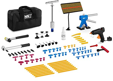 MSW Kit De Herramientas para Reparar Abolladuras En Carrocerías MSW-DENTPULLER.SET1 (Set De 90 Piezas, Respetuoso con La Pintura, Pistola De Adhesivo Térmico Incluida)