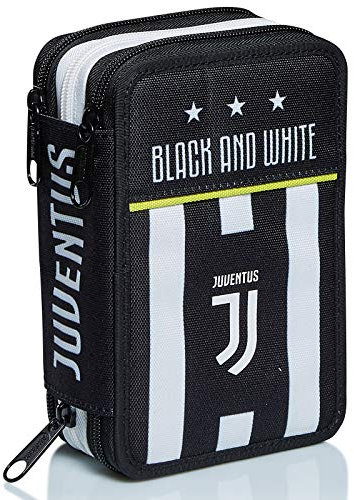 Seven Juventus Federmäppchen, Federtasche für Schreibwaren, Etui komplett mit Bleistiften, Filzstiften, Schulmaterial, mit 3 Fächern, Mädchen, Schule - Grundschule, XXL Fußball schwarz weiß