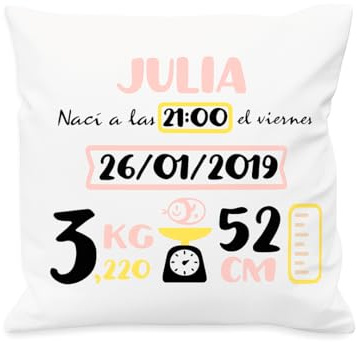 NANNUK | Cojín Personalizado para Recién Nacido | con Nombre, Hora, Fecha, Peso y Medida | Almohada Bebe Bebe Personalizado (Rosa Y Beige)