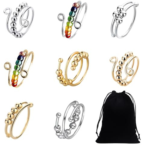 MEMOFYND 8 stycken stressreducerande ringar, justerbar delad ring med pärlor, anti-stressring, ångestring, vridning, med 1 förvaringsväska, för ångestlindring, dekoration, kvinnor, flickor