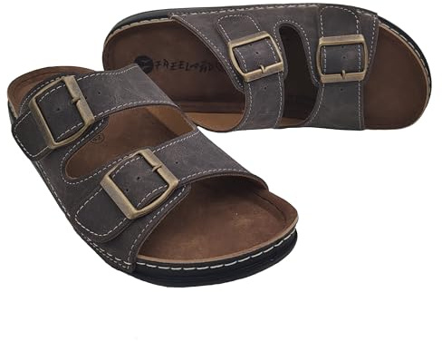 Freeland Tongs ouvertes d'été pour homme, sandales en cuir pour la maison, la plage, le jardin, sabots d'été, production artisanale, cuir, 44 EU