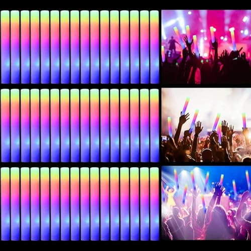 50PCS LED Foam Glow Sticks, Bulk Glow Sticks, Glow in the Dark Party Supplies with 3 Modes Colorful Flashing, Neon Party Favors Supplies for Glow Party, Birthday, Wedding, Carnival, Concert (50PCS)