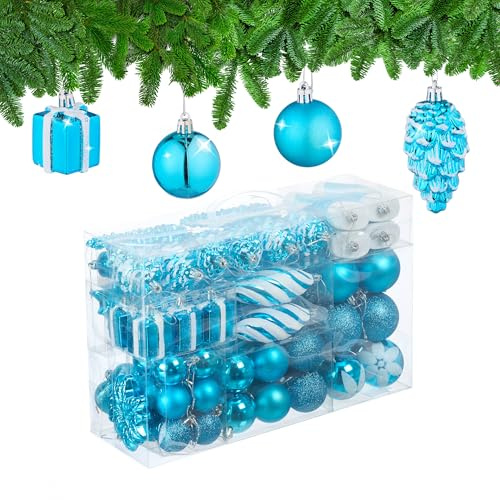 Relaxdays Weihnachtskugeln 71er Set, glitzernde, matte & glänzende Baumkugeln, Stiefel, Herz, Zapfen, Kunststoff, petrol