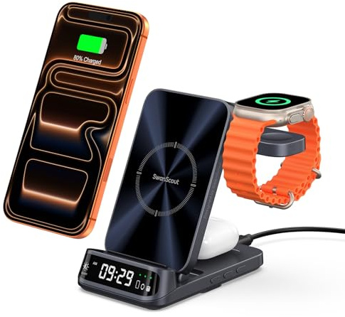 SwanScout Cargador Inalámbrico para iPhone, Estación de Carga 3 en 1 para iPhone 17/Air/16/15/14/13, Base de Carga Plegable para Apple Watch Ultra 3/11/10/9, para AirPods,SwanScout 708A(Sin Adaptador)