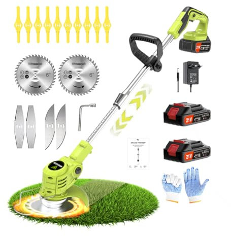 21V Tagliabordi Decespugliatore a Batteria Wrneaoch Decespugliatore Elettrico con 6.000 RPM e motore da 650W con 2 Batterie da 2,0 Ah è Ideale per Tagliare l'erba in Modo Efficace e Senza Sforzo