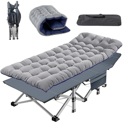 ZIKEBTUY Folding Camping Bed 191 x 71 x 36 CM Sun lounger Folding Guest Bed Single with Mattress Side-Pocket and Adjustable Backrest for Spare Temporary Office Nap Patio (Grey)