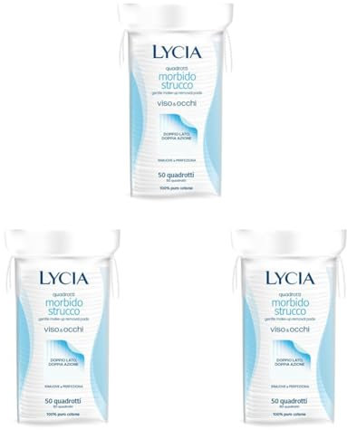 Lycia - Original Dischetti Struccanti Grandi Quadrati 50 pezzi, Dischetti 100% Cotone, Doppia Trama per Rimuovere con un lato e Perfezionare con l'altro (Confezione da 3)