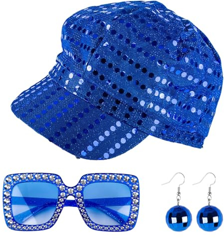 GWAWG Juego de 3 sombreros de lentejuelas vintage con gafas de sol, pendientes con purpurina azul, estilo Abba, accesorios de disfraz para adultos, mujeres, fiestas temáticas, cumpleaños, 3 unidades