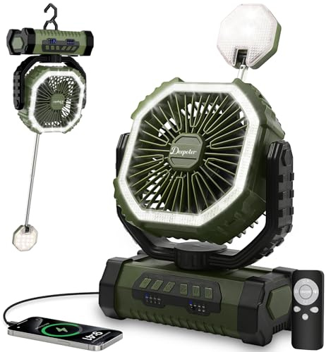 OUTACT Camping Ventilador 20000mAh, Ventilador USB Recargable Portátil Escritorio con Luz LED, Control Remoto y Gancho para Hogar, Ufficio, Tienda, Exterior Viajes, Spiaggia, Picnic, Pesca, Verde