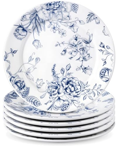 Honeydak 6 Pcs 6 Inch Blue Floral Flower Ceramic Plates Blue and White Porcelain Salad Serving Plate Vintage Dinner Appetizer Dessert Dishes Tableware for Wedding Birthday Tea Party Table Supplies