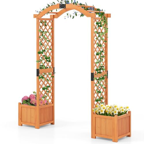 COSTWAY Garden Arch with Planter Box, 2M Wooden Pergola Arbor Trellis with Trellis, Drain Holes & Removable Bottom Panels, Rose Vines Climbing Plant Support Archway for Lawn Backyard Wedding