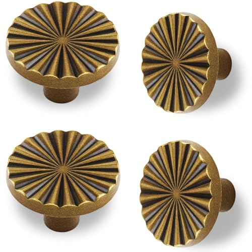 4 Pack Antique Brass Cabinet Knobs, Round Flat Drawer Pull Handles for Kitchen Cupboard, Wardrobe, Bathroom, Dresser, Furniture, Zinc Alloy Cabinet Hardware with Screws Included