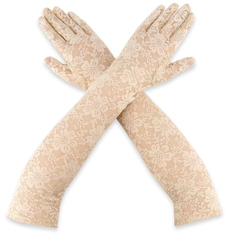 Yicelerate Longs Gant Dentelle,Femme Gants En Dentelle,Gant beige Long Femme, Halloween Gants De Dentelles beige,Gants de Soirée Opéra, Déguisement Halloween & Noël