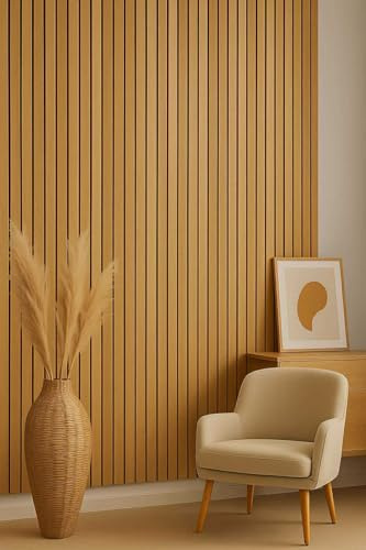 Be-Creative Acoustic Wood Slat Wall Panels 2.4 m × 0.6 m – Natural Oak Effect – Sound Absorbing Decorative Wall Cladding for Home Studio, Living Room, Office – Easy Install