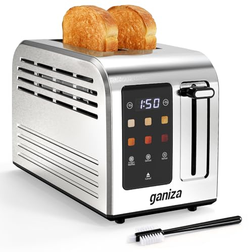 Ganiza Tostadora Inteligente para 2 Rebanadas, Acero Inoxidable con Pantalla Táctil, 6 Niveles de Tostado,Temporizador Digital, Ranura Ancha, +/-10 s, Bandeja Recogemigas, 925 W