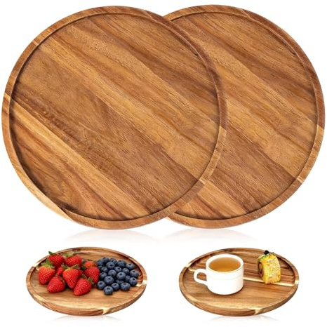 UOSIWYA 2 Stück Holztablett Rund, Holzteller 20cm Dekoteller Akazienholz Platzteller Tablett Rund Dekoschale Serviertablett Servierplatte Holz für Wohnzimmer Esstisch Couchtisch