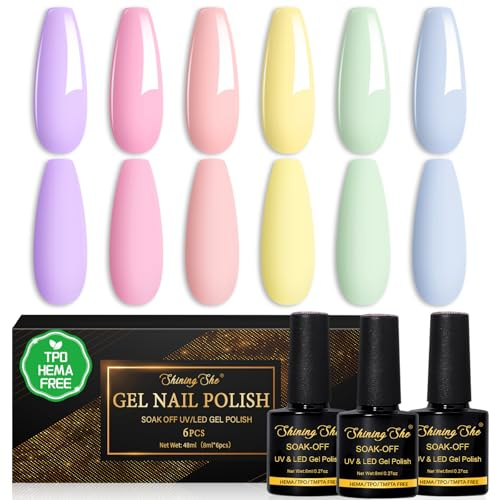 Shining She Esmaltes Semipermanentes para Uñas Gel UV/LED, TPO-Free HEMA-Free, 6 Colores Verano Púrpura Azul Rosa Amarillo Verde Durazno Pastel Pintauñas Semipermanentes Manicura DIY Salon,8ML