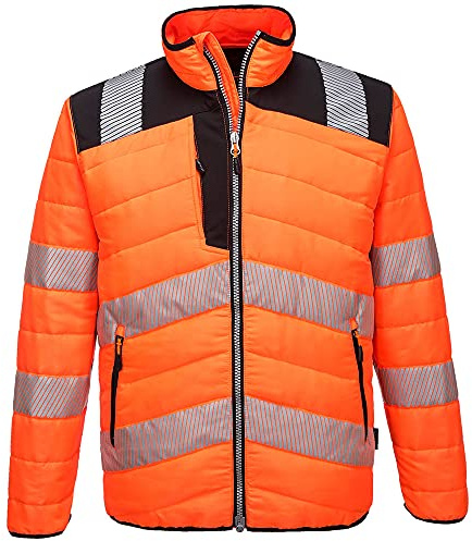 Portwest PW371 PW3 Men's Hi-Vis Insulated Baffle Puffer Jacket - Water Resistant Lightweight Reflective High Viz Outdoor Waistcoat Safety Security Workwear, Orange/Black, S