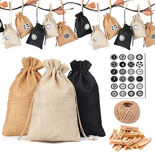 KATELUO 24 Calendrier de l'Avent-Sac en Tissu,24 Numérique Autocollants,DIY Noël Cadeaux Sacs à,Pendentifs de décorations Sacs, Rangement de Petits Objets Sac