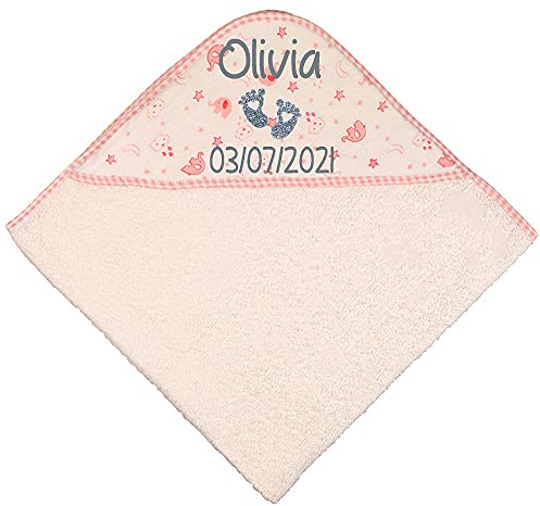 Alwaystrusted Personalised Gift Pink Elephant Baby Hooded Towel Grey Glitter Heart Feet Name and Date Girl AT-SB55-16-CG
