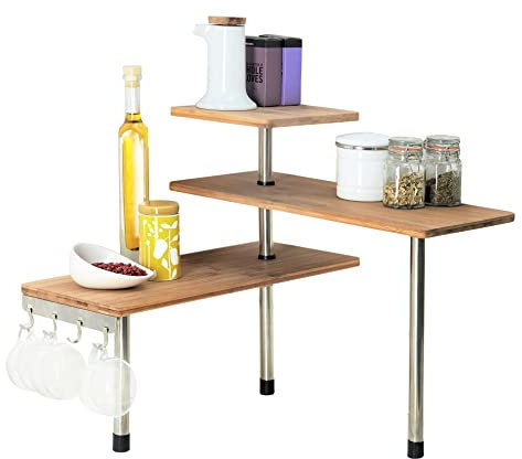 mysmartbuy.com Kitchen or Bathroom Corner Etagere – 43 x 39 x 18cm Freestanding 3 Tier Bamboo Wooden Shelving Unit – Rustic Modern Stylish Space Saving Storage Solution