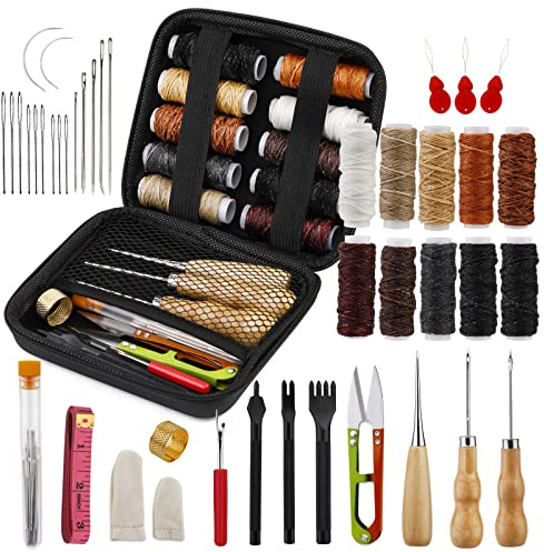 42 pièces Kit de couture en cuir Kit de réparation de rembourrage Outils et fournitures de travail du cuir avec aiguilles à coudre en fil ciré et poinçon à griffes pour projets d'artisanat