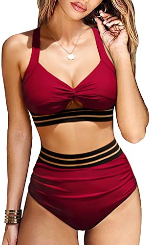 UMIPUBO Bikini Mujer Conjunto de 2 Piezas, Talla Grande Push up Traje De Baño Bikini de Playa de Cintura Alta Bañador(Vino Tinto,XL)