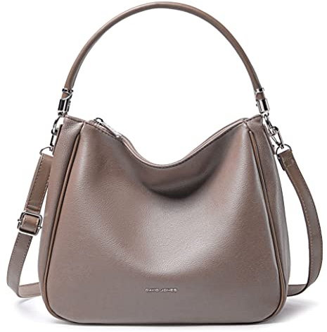 David Jones - Bolso de Hombro Hobo Mujer - Bolso de Mano Bandolera Piel Sintética - Bolso de Mano Mediana Asa Larga - Moda Clásica y Práctica Elegante - Gris Topo