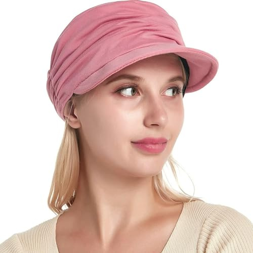 Cysocool Women Soft Baseball Cap Soft Bamboo Newsboy Hat Peaked Chemo Hats for Hair Loss Chemo Turbans Slouchy Beanie Bonnet Beret Cap Pink