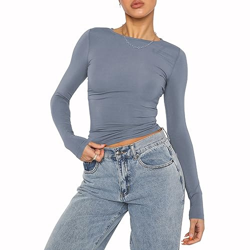 Women's Casual Crop Tops Slim Fit Top Crew Neck Long Sleeve Tight T-Shirt Basic Blouse Tee Tops(Gray Blue-8,L)