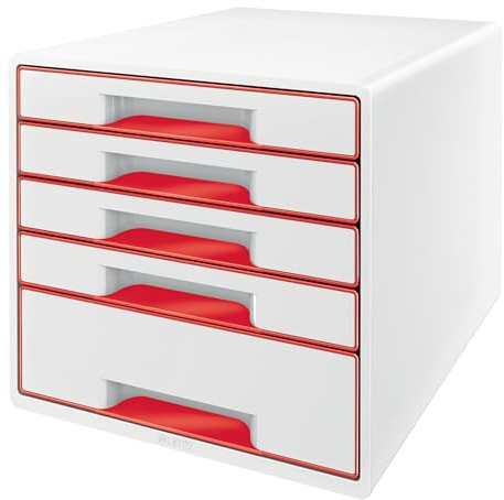 Leitz CUBE Schubladenbox mit 5 Schubladen, Hochwertiger A4-Schreibtisch-Schubladenschrank inkl. transparentem Schubladeneinsatz, Für Büro, Home Office, Kinderzimmer, Weiß / Rot, WOW Serie, 52142026