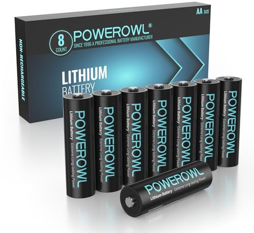 POWEROWL Pilas AA de Litio de Alto Rendimiento y Larga Duración, 1,5V Batería AA para Dispositivos de Alta Tecnología - Paquete de 8 (No Recargable)