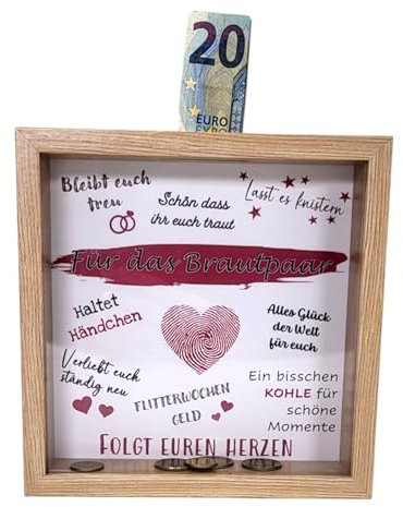 BUSDUGA 4454 Sparkasse Bilderrahmen FÜR DAS BRAUTPAAR, 20x20x5cm, Spardose Geldgeschenk Hochzeit Flitterwochenkasse (holzoptik/rot)