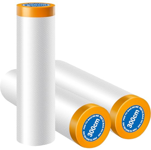 HXJDAM Abdeckfolie mit Klebeband, 300CMX20M Abdeckfolie maler(3 Stück), Malerfolie Abdeckfolie, Selbstklebende Malerfolie mit klebeband-zum Lackieren von Autowänden-UV-Schutz(Goldband)