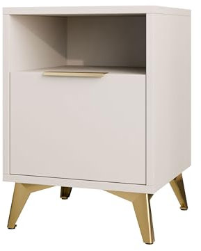 Mirjan24 Nachttisch Xylix 1SZ mit Schublade, goldene Griff und Füße, Nachtschrank, Nachtkonsole, Nachtkommode, Beistelltisch, Schlafzimmerkommode (Sandbeige)