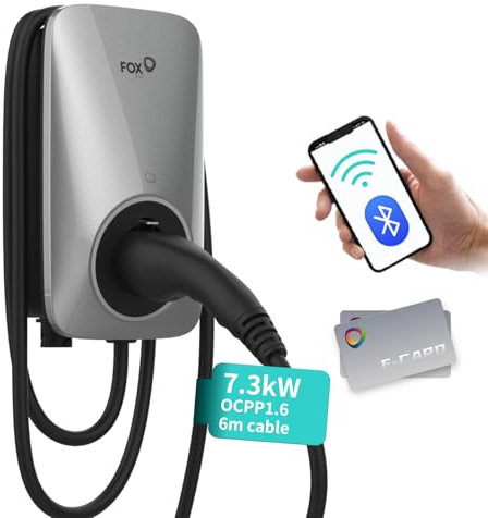 FOXESS Wallbox Tipo 2 7.3kW 32A con controllo Smart App, certificazione CE e TÜV, compatibile con WiFi, Bluetooth, RFID e OCPP, argento