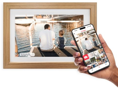Inov8 Framing Smart WiFi 10.1 Inch High Res 32GB Touch Screen Digital Picture Frame + Frameo. Send & Share 100’s Photos/Videos via iOS & Android Devices from any location. White w/Light Oak Frame.