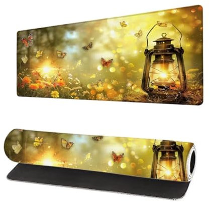 Large Mouse Mat Butterfly XXL 47.2x23.6 inch, Gaming Mouse Pad Oil Lamp Desk Accessories, Non Slip Waterproof Rubber Base Mouse Mats for Desk, Washable, Mousemat with Stitched Edges for Office R-5